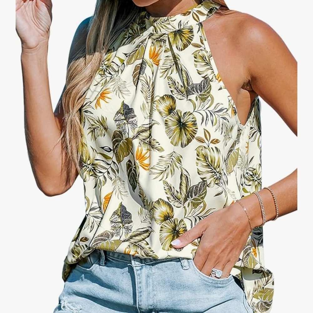 Cupshe Tropical Floral Halter Blouse - Yellow and Green Size Medium